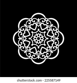 Abstract ornament with hearts, stencil round pattern, cut out design, love decor element, vector illustration