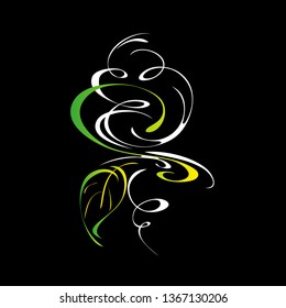 abstract ornament with a leaf in white and green lines on a black background