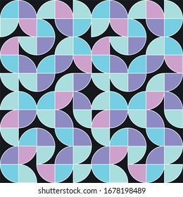 Un adorno abstracto como un mosaico en un estanque de flores azules y rosas de los cuartos de un círculo con un trazo sobre un fondo negro. Ilustración del vector EPS 10.