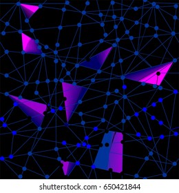 Abstract ornament from lines and circles in blue, pink and purple colors a seamless pattern on a black background.