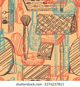Abstract ornament of makeup kit. Beauty accessories cosmetic sketches seamless pattern. Hand drawn vector illustrations in retro style..