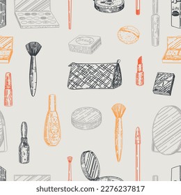 Abstract ornament of makeup kit. Beauty accessories cosmetic sketches seamless pattern. Hand drawn vector illustrations in retro style..