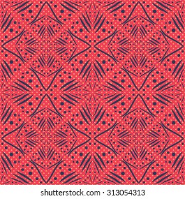 Abstract ornament on dots red background, seamless vector pattern, print, wallpaper, vintage style, design tile, repeating paper, fabric