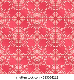 Abstract ornament on striped red background, seamless vector pattern, print, wallpaper, vintage style, design tile, repeating paper, fabric, hand drawn motif