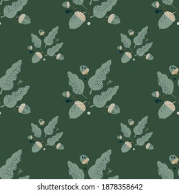 Abstract ornament with pale blue leaf and acorn silhouettes. Green background, Forest foliage backdrop. Flat vector print for textile, fabric, giftwrap, wallpapers. Endless illustration.