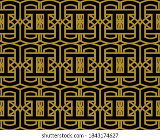 abstract ornament seamless pattern. black and gold colors. geometric design use horizontal layout. line style.