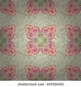 Abstract ornament seamless pattern in the style of baroque. Traditional classic pattern in pink, beige and gray colors. Vector illustration.