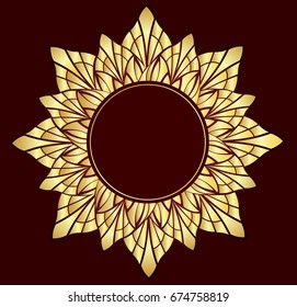 Abstract ornament in the shape of a circle. Gold ornament isolated on red background. 