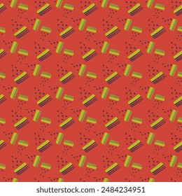Abstract ornament. Spots and lines. Bright background with green stripes. Ripe watermelons. Regular rhythm.