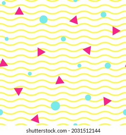 Abstract ornament with waves, circles and pink triangles. confetti on white background. Geometric seamless  texture.  Carnival, party, celebration pattern. Memphis wallpaper.