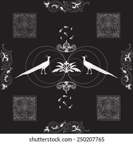 Abstract ornament with the white peacock and decorative elements