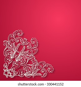 Abstract ornamental 3d decoration on bright red background. Cutout lacy ornamental corner. Vector illustration Eps 10