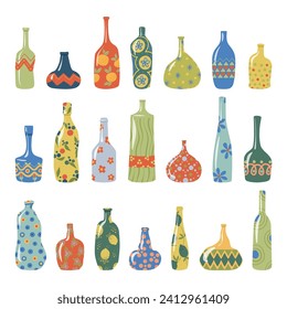 Abstract ornamental bottles and vases vector set. Collection of modern curved colorful bottles, decorated vases, and pitchers. Vector icons illustration isolated on a white background. 