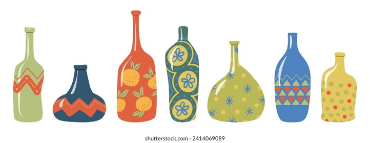 Resumen de botellas ornamentales y vectores vectoriales. Colección de botellas de color curvadas modernas, jarrones decorados y jarras. Ilustración de iconos vectores aislada en un fondo blanco. 