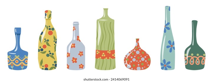 Abstract ornamental bottles and vases vector set. Collection of modern curved colorful bottles, decorated vases, and pitchers. Vector icons illustration isolated on a white background. 