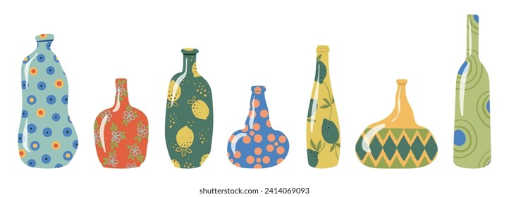 Abstract ornamental bottles and vases vector set. Collection of modern curved colorful bottles, decorated vases, and pitchers. Vector icons illustration isolated on a white background. 