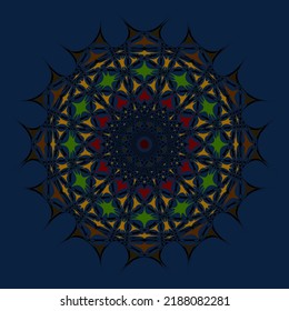 Abstract ornamental circular composition in Black Yellow Red on a Blue background. Unique kaleidoscope design. Abstract Geometric Vector Illustration. Line Round Ornament. Geometric pattern fractale.