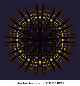 Resumen de la composición circular ornamental en rojo amarillo negro sobre un fondo oscuro. Diseño único caleidoscopio. Ilustración del vector geométrico abstracto. Ornamento redondo de línea. Fractura de patrón geométrico.