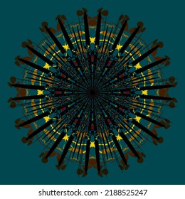 Resumen de la composición circular ornamental en azul amarillo negro sobre fondo verde. Diseño único caleidoscopio. Ilustración del vector geométrico abstracto. Ornamento redondo de línea. Fragmento de patrón geométrico
