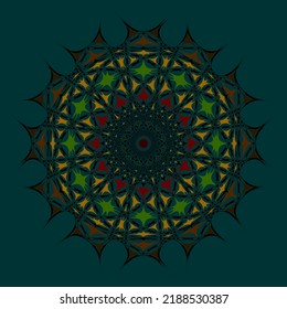 Abstract ornamental circular composition in Black Yellow Red on a Green ebackground. Unique kaleidoscope design. Abstract Geometric Vector Illustration. Line Round Ornament. Geometric pattern fractale