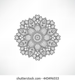 Abstract ornamental floral mandala Black and white line pattern. Stylish oriental ornament Outline geometric flower background