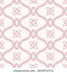 Abstrato padrão floral ornamental sem costura em estilo folclórico étnico. Textura geométrica vetorial com silhuetas de flores, linhas curvas, grade, reticulado. Fundo rosa e branco elegante. Design completo