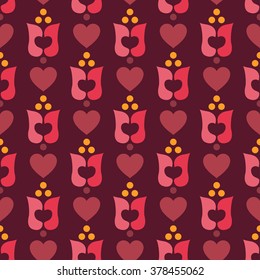 Abstract ornamental folk seamless pattern with flowers and hearts. Vector background.
