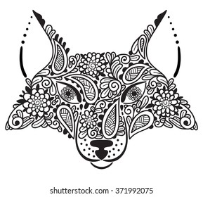  Abstract ornamental fox. Vector black and white illustration.