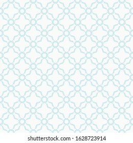 Abstract ornamental geometric seamless pattern. Subtle light blue and white background. Simple minimal ornament with floral shapes, net, lattice, mesh, grid. Delicate texture. Repeat decorative design