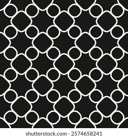 Abstract ornamental grid seamless pattern. Vector geometric texture with rounded shapes, circles, curved lines, mesh, lattice. Simple monochrome ornament. Black and white background. All-over design