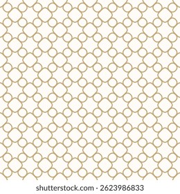 Abstract ornamental grid seamless pattern. Vector geometric texture with rounded shapes, circles, curved lines, mesh, lattice. Simple golden ornament. Gold and white background. Repeatable design