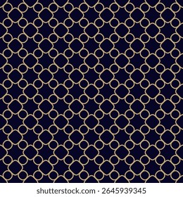 Abstractas patrón de rejilla ornamental sin fisuras. Vector de textura geométrica con Formas redondeadas, círculos, líneas curvas, malla, celosía. Ornamento dorado simple. Fondo negro y dorado. Repitiendo el diseño geográfico