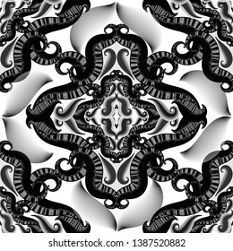 Abstract ornamental halftone black and white vector seamless pattern. Monochrome floral textured background. Repeat  Paisley backdrop. Geometric shapes, lines, stripes. Half tone flowers ornament.