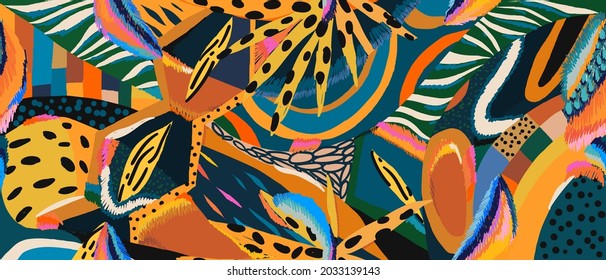 Abstract ornamental hand drawn exotic print. Modern collage with different textures. Creative template for design. African style.