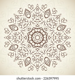 Abstract ornamental round floral lace pattern on beige background. Vector illustration for holiday design. For decorating of wedding invitations, greeting cards, decoration for bags and clothes.