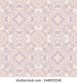Abstract ornamental seamless pattern in light colors, kaleidoscope, mandala. Texture for wallpapers, fabric, wrap, web page backgrounds, vector illustration