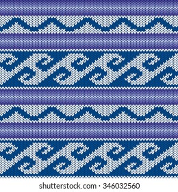 Abstract Ornamental Seamless Vector Pattern as a stylish Fabric Knitted ethnic texture in blue, violet and light grey colors
