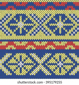 Abstract Ornamental Seamless Vector Pattern as a stylish Fabric Knitted ethnic texture in blue, yellow and red hues