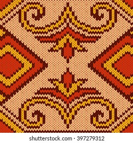 Abstract Ornamental Seamless Vector Pattern as a stylish Fabric Knitted ethnic texture mainly in red and yellow hues 