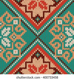 Abstract Ornamental Seamless Vector Pattern as a stylish Fabric Knitted ethnic texture mainly in turquoise and red colors