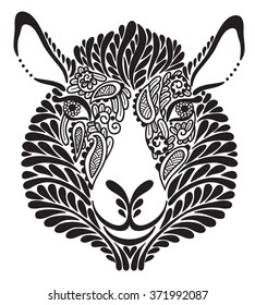 Abstract ornamental sheep. Vector black and white illustration.