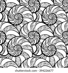 Abstract ornamental spiral seamless black and white outline pattern. Stylish seashell nautilus textured ocean wave geometric background