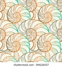 Abstract ornamental spiral seamless pattern. Stylish seashell nautilus textured ocean wave geometric background