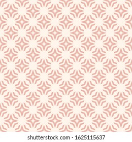 Abstract ornamental vector geometric seamless pattern. Elegant pink and white texture with diamonds, floral shapes, stars. Simple ornament background in oriental style. Repeat design for decor, fabric