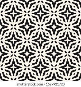 Abstract ornamental vector geometric seamless pattern. Simple black and white texture with diamond shapes, stars, octagons, grid, net, mesh, lattice. Monochrome ornament background. Repeating design