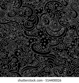Abstract ornamental vector seamless pattern with curling lines, stars, figured shapes. Endless decorative texture. You can use any color of background