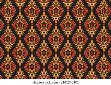 Abstract ornaments background.red,orange,black paisley elements.Moroccan mosaic,vector seamless pattern with ornamental stripes.Great for folk print,fabric and  Ceramic tableware,textile,wallpaper.