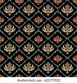 Abstract ornaments on a black background. Royal wallpaper. Vector stylish ornament. Damask seamless pattern in beige and orange colors.