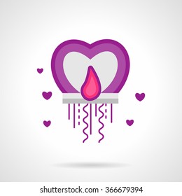 Abstract ornate candle with pink flame and purple heart. Romantic dinner decoration. Bright pink and purple flat vector icon. Valentines Day series. Single design element for web site, app.