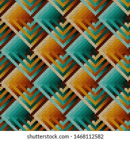 Abstract ornate knitting seamless vector pattern in turquoise and orange hues with smooth color transition as a fabric texture